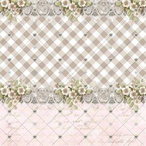 A beautifully designed vintage-inspired scrapbook paper collection featuring sewing-themed elements, including dress forms, sewing machines, lace, and floral accents in a shabby chic style.