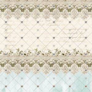 A beautifully designed vintage-inspired scrapbook paper collection featuring sewing-themed elements, including dress forms, sewing machines, lace, and floral accents in a shabby chic style.