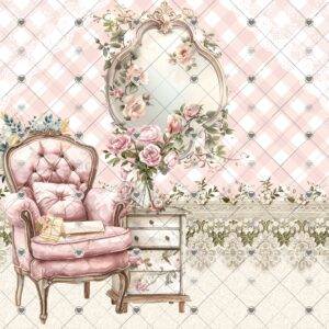 A beautifully designed vintage-inspired scrapbook paper collection featuring sewing-themed elements, including dress forms, sewing machines, lace, and floral accents in a shabby chic style.