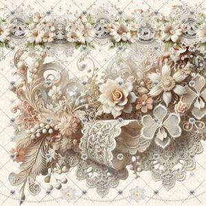 A beautifully designed vintage-inspired scrapbook paper collection featuring sewing-themed elements, including dress forms, sewing machines, lace, and floral accents in a shabby chic style.