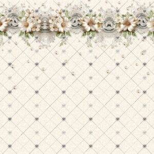 A beautifully designed vintage-inspired scrapbook paper collection featuring sewing-themed elements, including dress forms, sewing machines, lace, and floral accents in a shabby chic style.