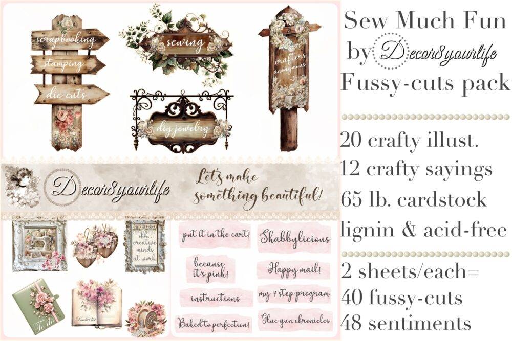 A beautifully designed collection of vintage-inspired fussy cut images featuring sewing machines, scissors, fabric rolls, typewriters, floral arrangements, and craft-related sentiments, printed on high-quality cardstock.