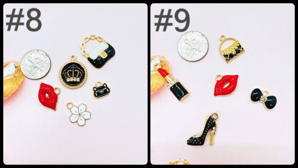 Elegant fashion-themed enamel charms in black, red, and gold. Each grab bag contains five unique charms for jewelry making, crafting, and DIY accessories.