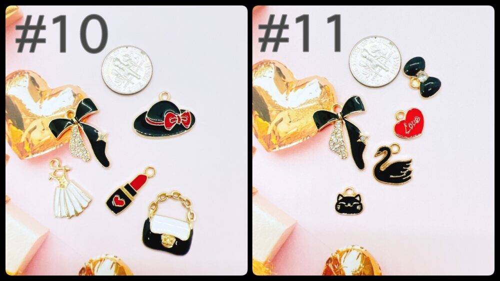 Elegant fashion-themed enamel charms in black, red, and gold. Each grab bag contains five unique charms for jewelry making, crafting, and DIY accessories.