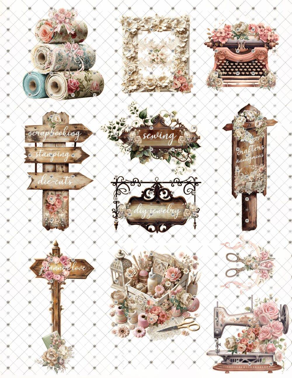 A beautifully designed collection of vintage-inspired fussy cut images featuring sewing machines, scissors, fabric rolls, typewriters, floral arrangements, and craft-related sentiments, printed on high-quality cardstock.
