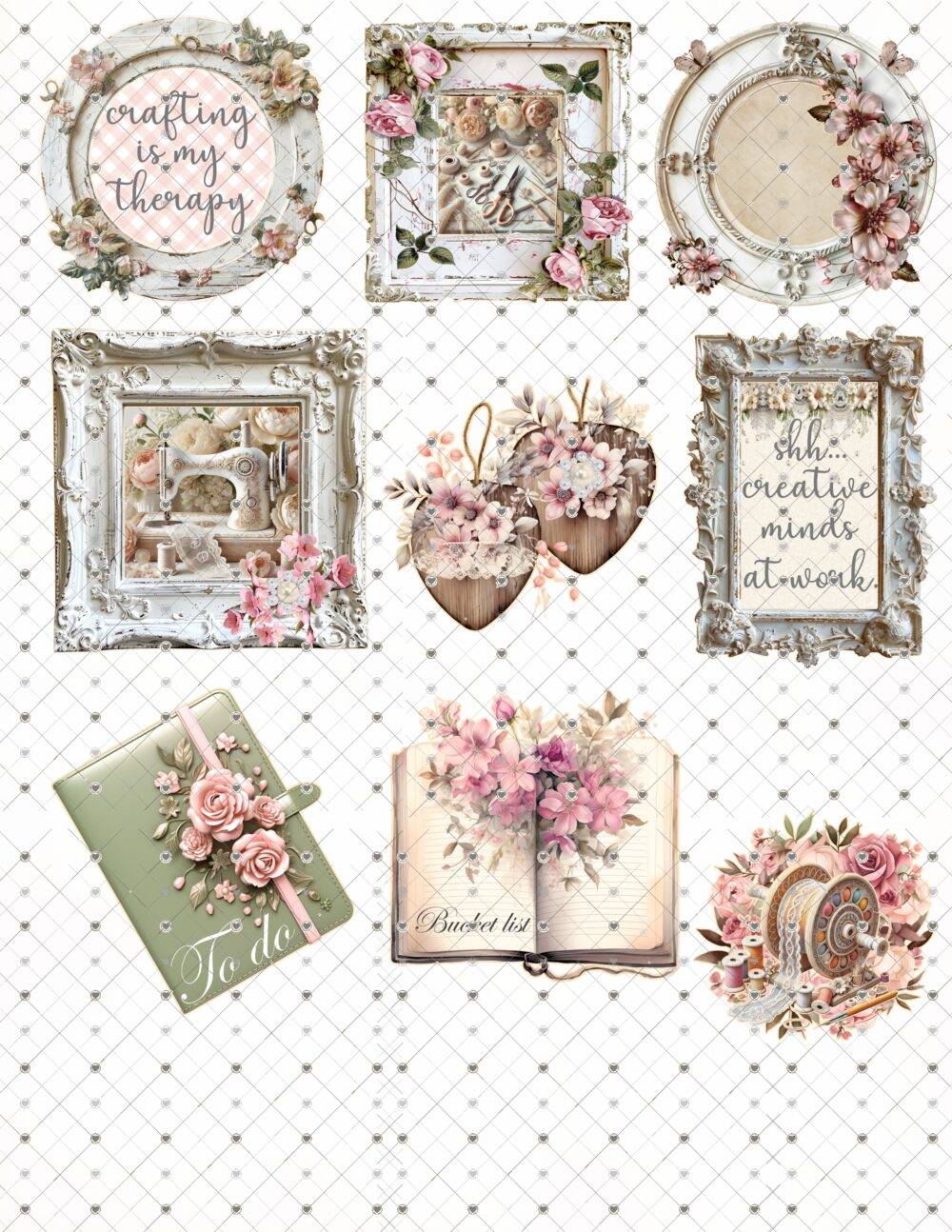Sew Much Fun Digital Fussy Cut IMAGES,A beautifully designed collection of vintage-inspired fussy cut images featuring sewing machines, scissors, fabric rolls, typewriters, floral arrangements, and craft-related sentiments, printed on high-quality cardstock.