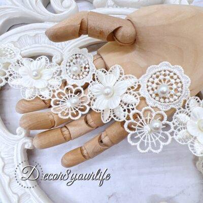 Cream Floral Bridal Embroidered Trim with Pearl Accents for Crafts and Wedding Decor