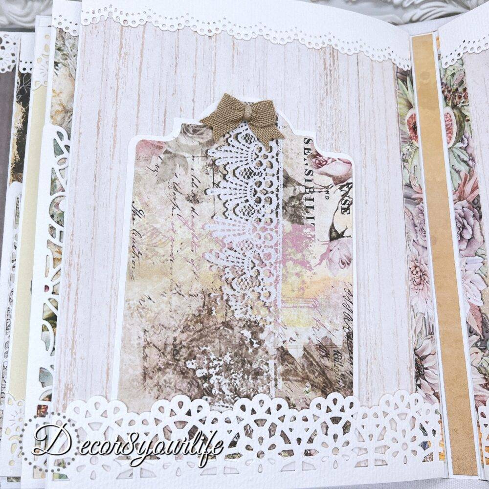Shabby Chic, vintage style interactive photo album/scrapbook using the Jane Austin paper collection and Album base and inserts from Heartfelt Creations.