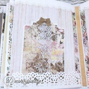 Shabby Chic, vintage style interactive photo album/scrapbook using the Jane Austin paper collection and Album base and inserts from Heartfelt Creations.