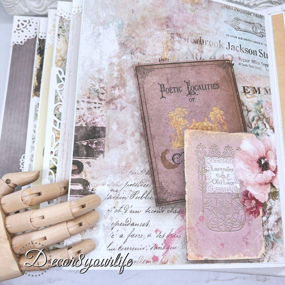 Shabby Chic, vintage style interactive photo album/scrapbook using the Jane Austin paper collection and Album base and inserts from Heartfelt Creations.