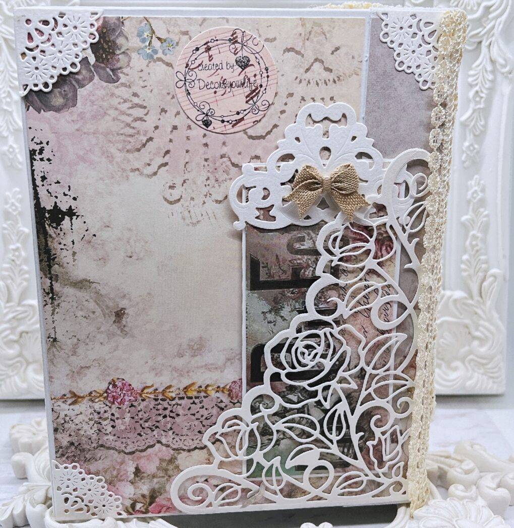 Shabby Chic, vintage style interactive photo album/scrapbook using the Jane Austin paper collection and Album base and inserts from Heartfelt Creations.