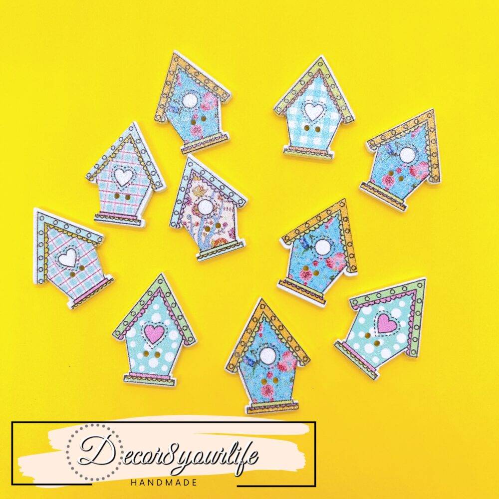 Robin’s egg blue birdhouse buttons with heart, gingham, floral, and polka dot designs in a 10-pack