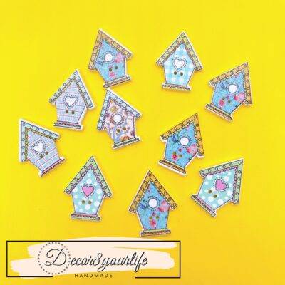 Robin’s egg blue birdhouse buttons with heart, gingham, floral, and polka dot designs in a 10-pack