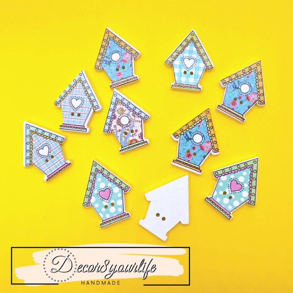 Robin’s egg blue birdhouse buttons with heart, gingham, floral, and polka dot designs in a 10-pack