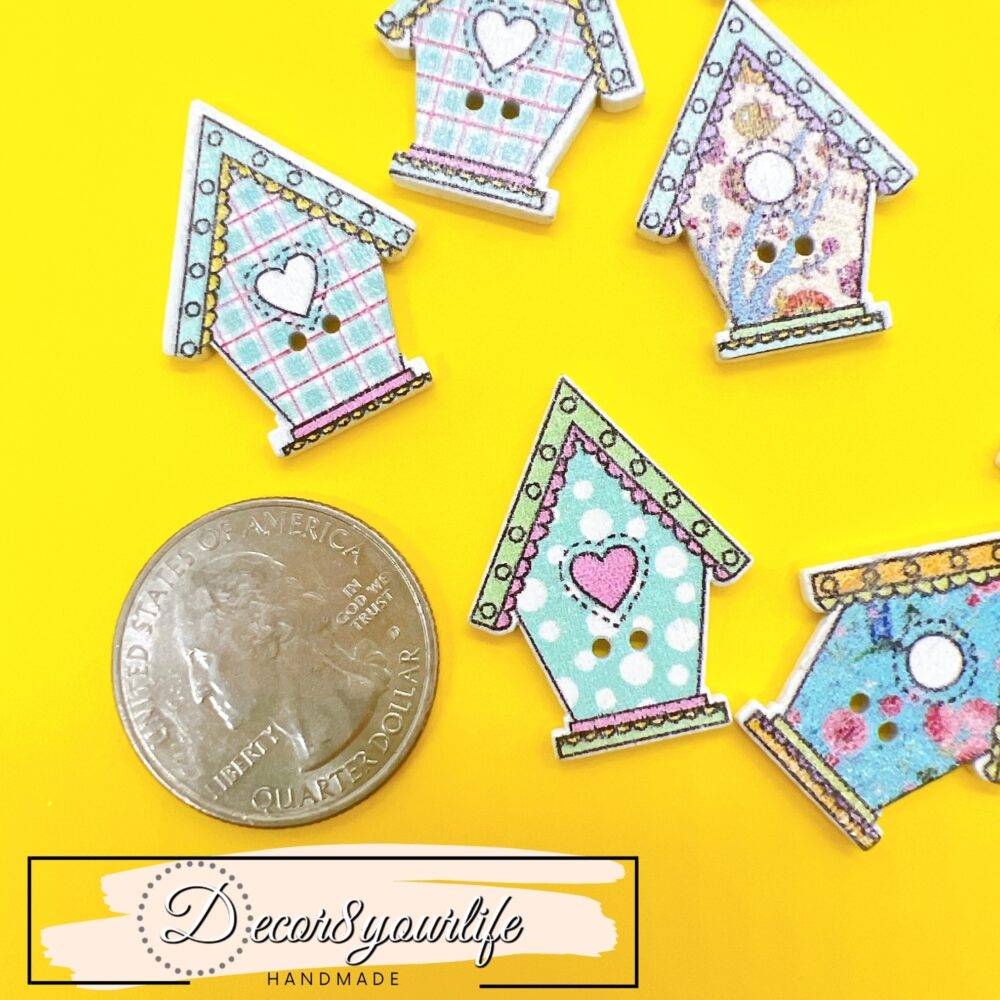 Robin’s egg blue birdhouse buttons with heart, gingham, floral, and polka dot designs in a 10-pack