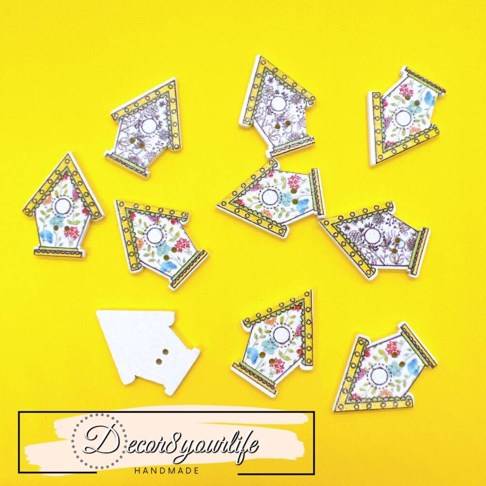 Decor8yourlife cute birdhouse buttons with yellow roofs – pack of 10