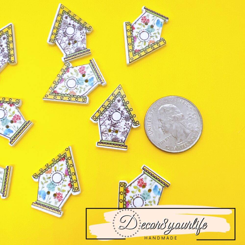 Decor8yourlife cute birdhouse buttons with yellow roofs – pack of 10 beside a quarter for size reference