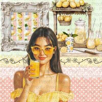 Lemondrops scrapbook paper – summer citrus-themed designs featuring camper, bike, lemonade, and lemons.