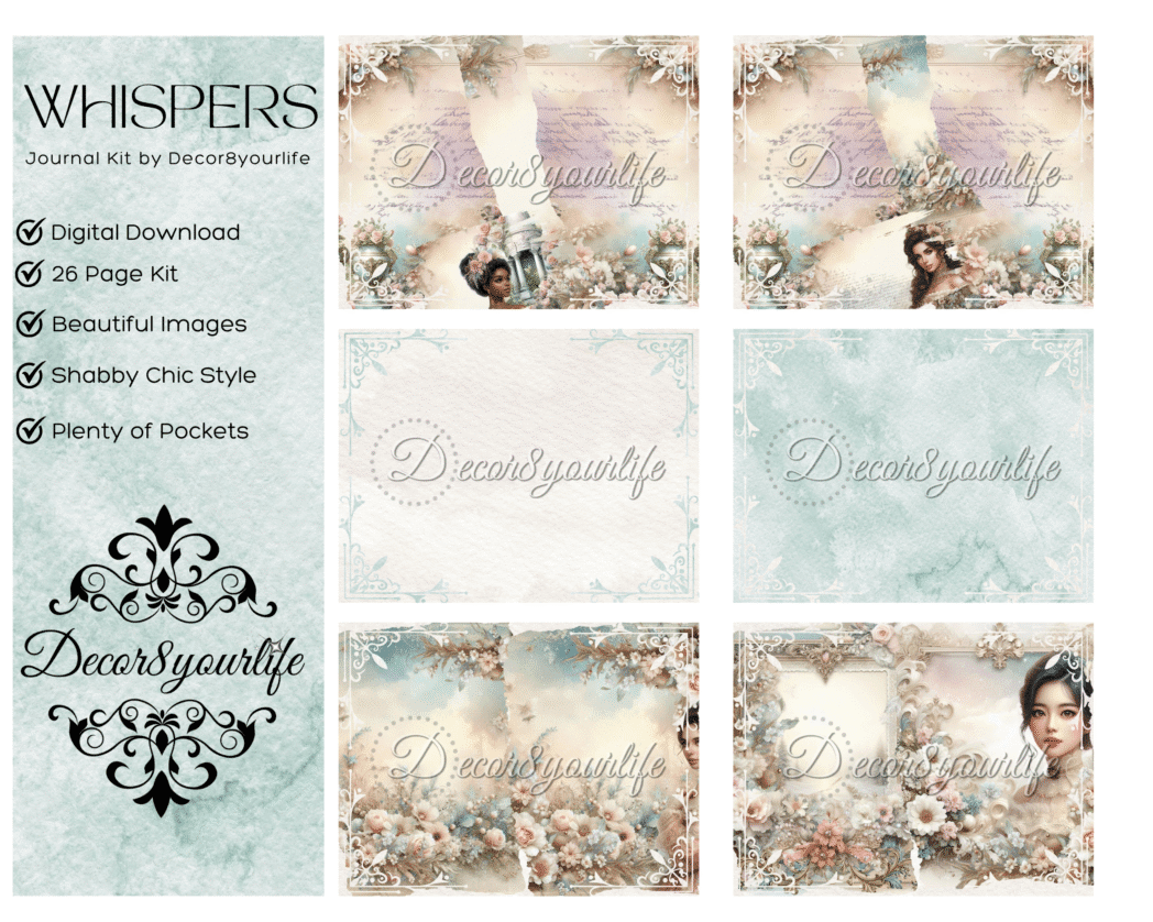 Whispers by Decor8yourlife Digital Junk Journal Kit preview showing vintage-inspired pages, ephemera, and folding templates in soft pastel tones