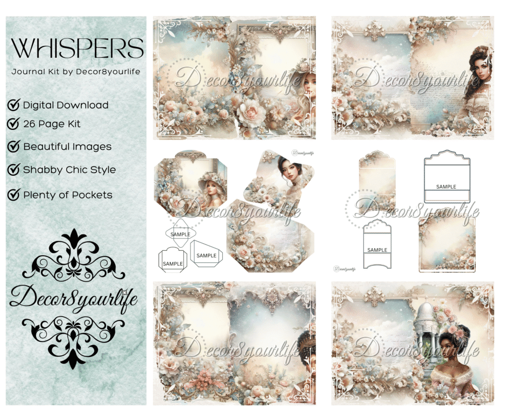 Whispers by Decor8yourlife Digital Junk Journal Kit preview showing vintage-inspired pages, ephemera, and folding templates in soft pastel tones