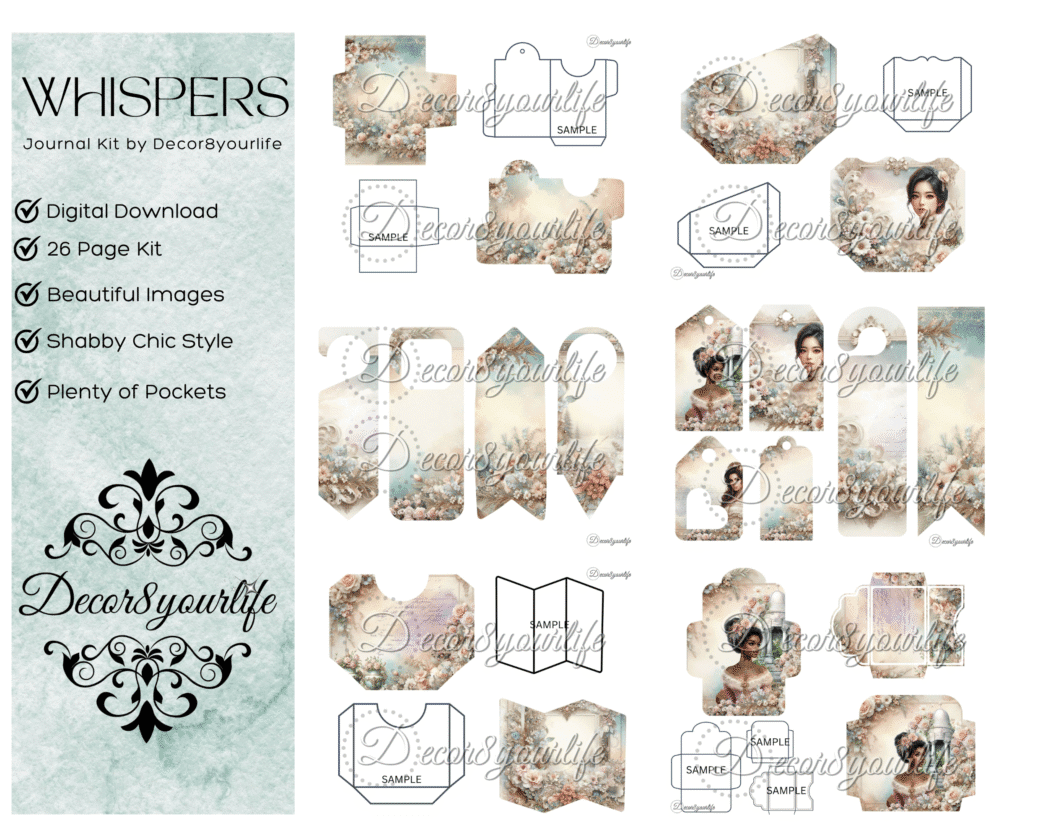 Whispers by Decor8yourlife Digital Junk Journal Kit preview showing vintage-inspired pages, ephemera, and folding templates in soft pastel tones