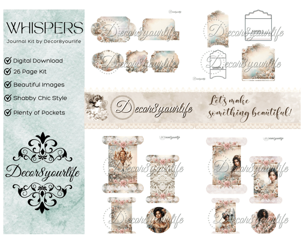 Whispers by Decor8yourlife Digital Junk Journal Kit preview showing vintage-inspired pages, ephemera, and folding templates in soft pastel tones