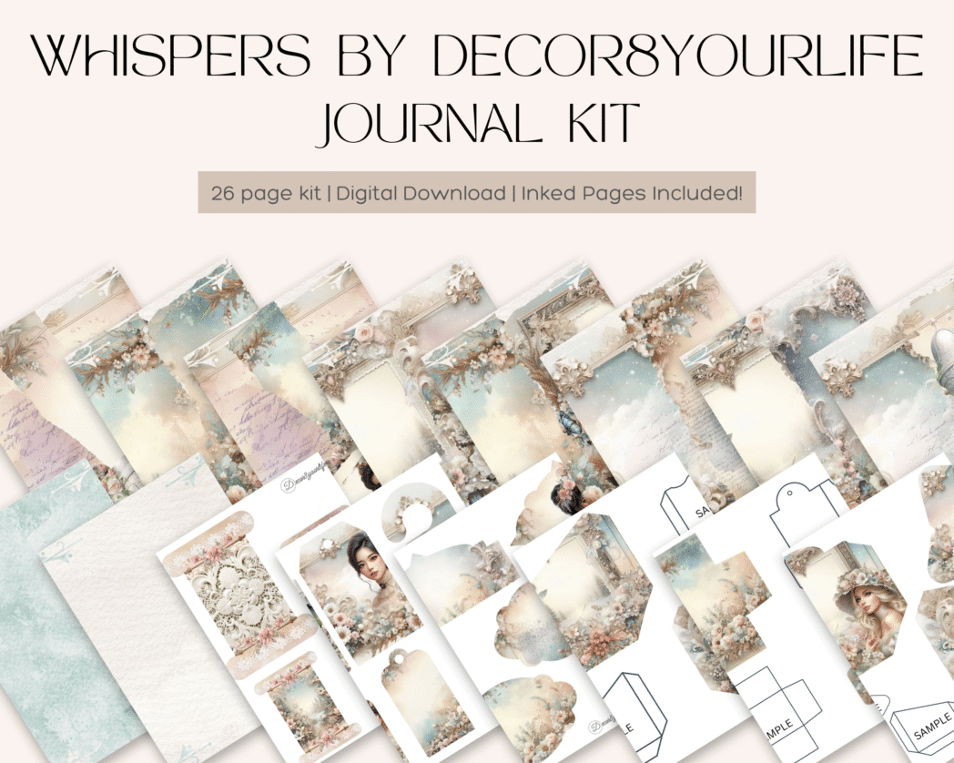 Whispers by Decor8yourlife Digital Junk Journal Kit preview showing vintage-inspired pages, ephemera, and folding templates in soft pastel tones