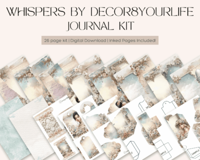 Whispers by Decor8yourlife Digital Junk Journal Kit preview showing vintage-inspired pages, ephemera, and folding templates in soft pastel tones