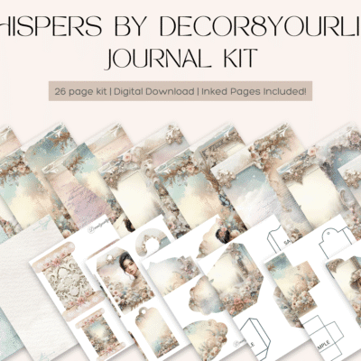 Whispers by Decor8yourlife Digital Junk Journal Kit preview showing vintage-inspired pages, ephemera, and folding templates in soft pastel tones
