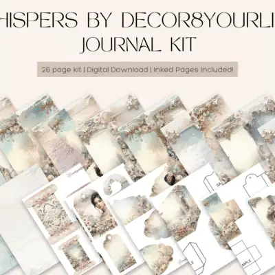 Whispers by Decor8yourlife Digital Junk Journal Kit preview showing vintage-inspired pages, ephemera, and folding templates in soft pastel tones