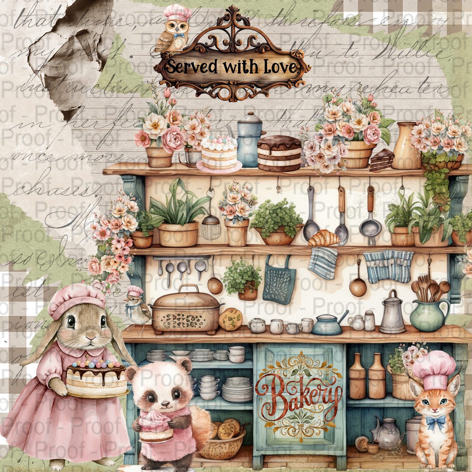 Bunny Bakes & Pantry Tales scrapbook paper pack with pastel kitchen, bunny, and floral designs – 8.25 x 8.25 inches, 65 lb cardstock