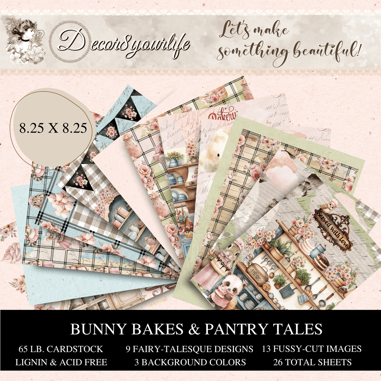Bunny Bakes & Pantry Tales scrapbook paper pack with pastel kitchen, bunny, and floral designs – 8.25 x 8.25 inches, 65 lb cardstock