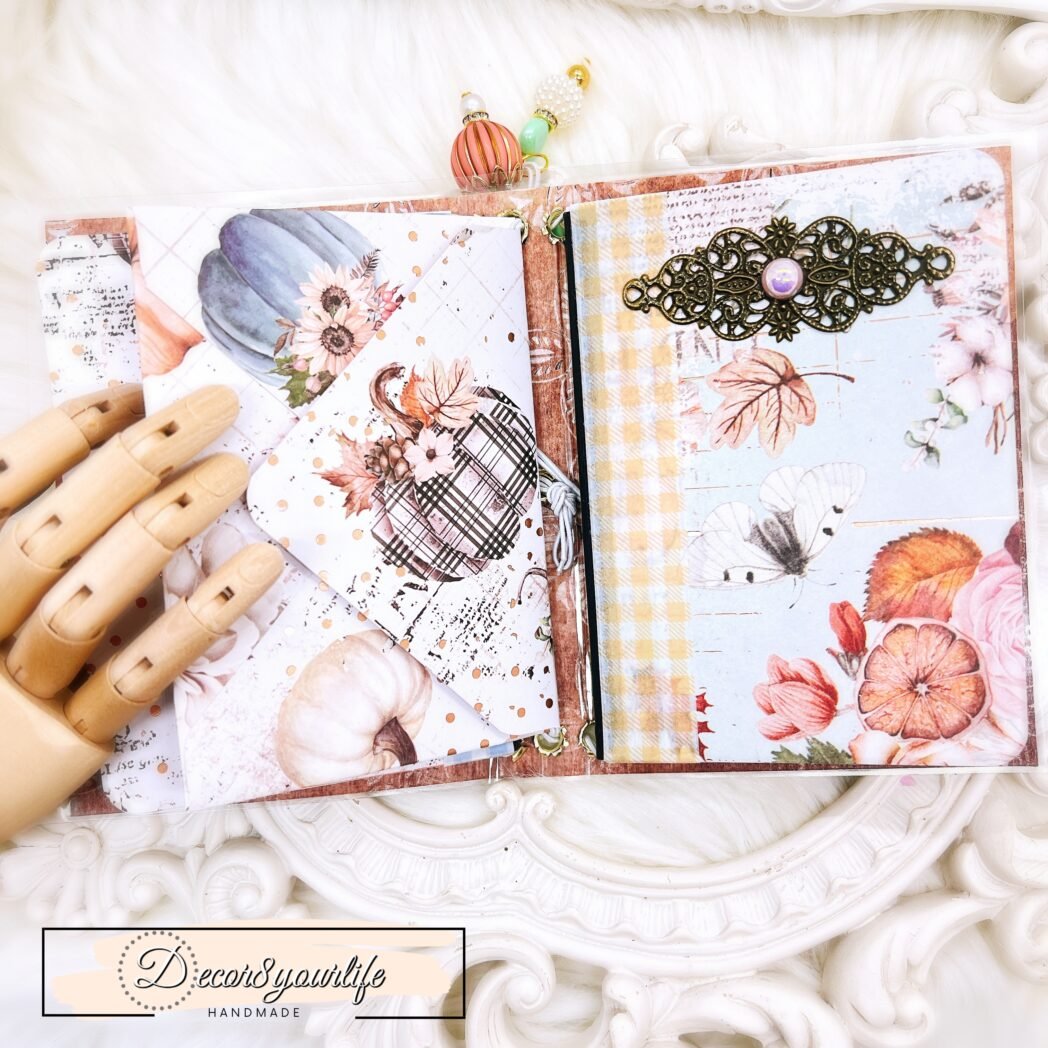 Handmade passport‑size laminated traveler’s notebook with fall floral design and mint & coral charms