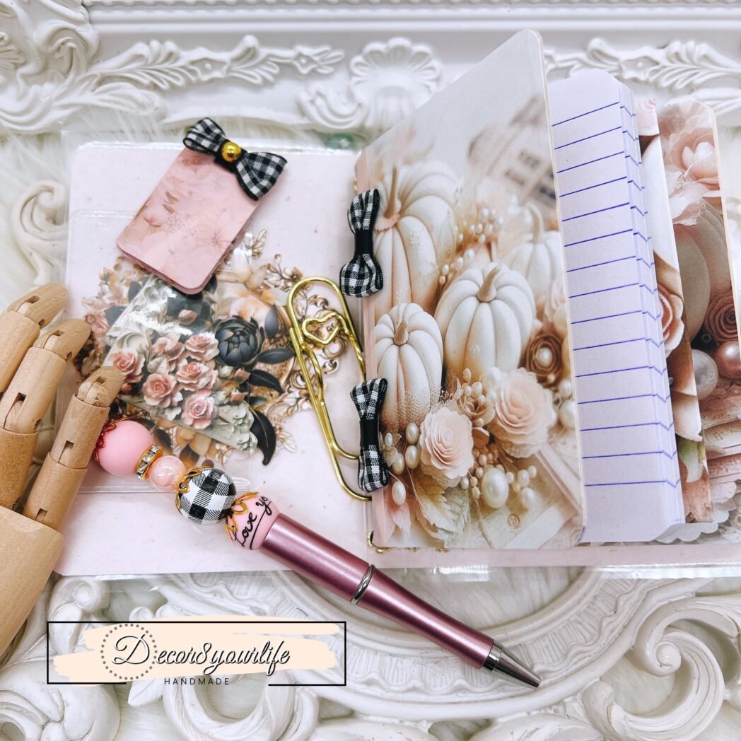 Handmade laminated traveler’s notebook with exclusive paper design, beaded pen, charms, and altered mini notebooks.