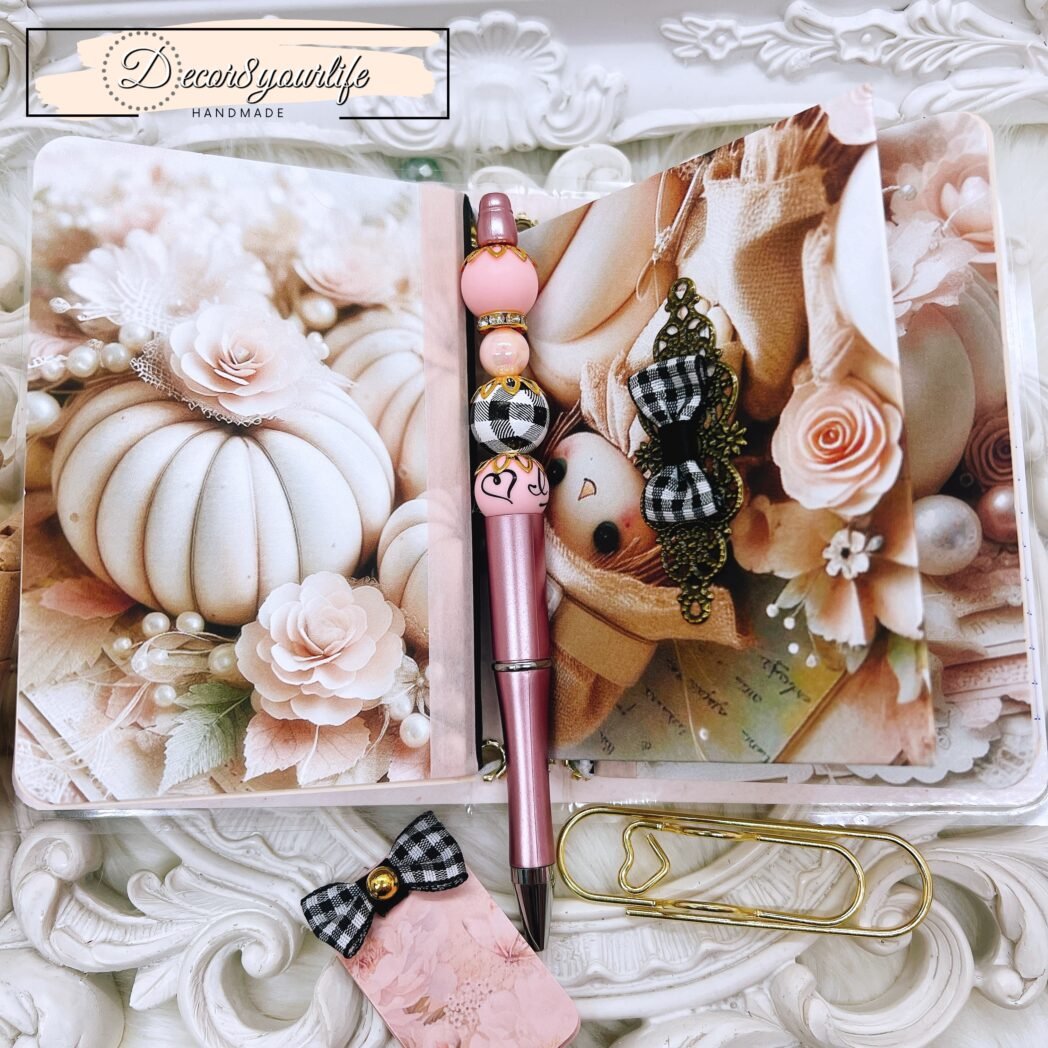 Handmade laminated traveler’s notebook with exclusive paper design, beaded pen, charms, and altered mini notebooks.