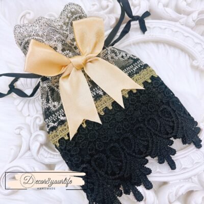 Handmade Gothic Victorian lace drawstring purse with black lace and gold bow, 7 x 4.5 inch altered Halloween gift bag