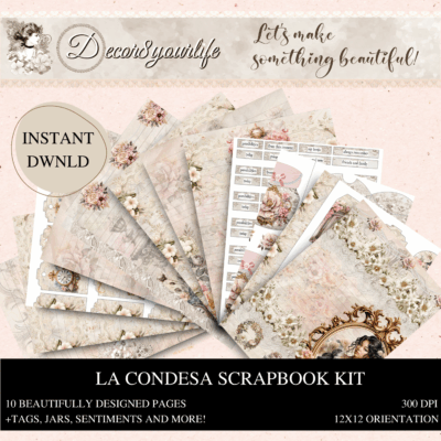 DIGITAL DOWNLOAD: La Condesa Scrapbook Kit by Decor8yourlife is a beautifully designed, vintage style scrapbook paper collection for a number of DIY, handmade crafts.
