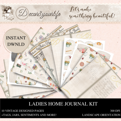 Instant Download: Ladies Home Journal Kit is a vintage theme junk journal kit full of tags, envelopes, mason jars and more! This paper kit is perfect for crafts like scrapbooks, journaling and other crafts.
