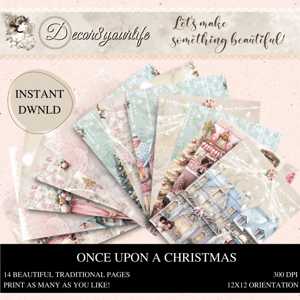Digital scrapbook paper collection: Once Upon a Christmas by Decor8yourlife is a customer favorite Christmas theme collection. Instant download and print for your paper craft projects and decor.