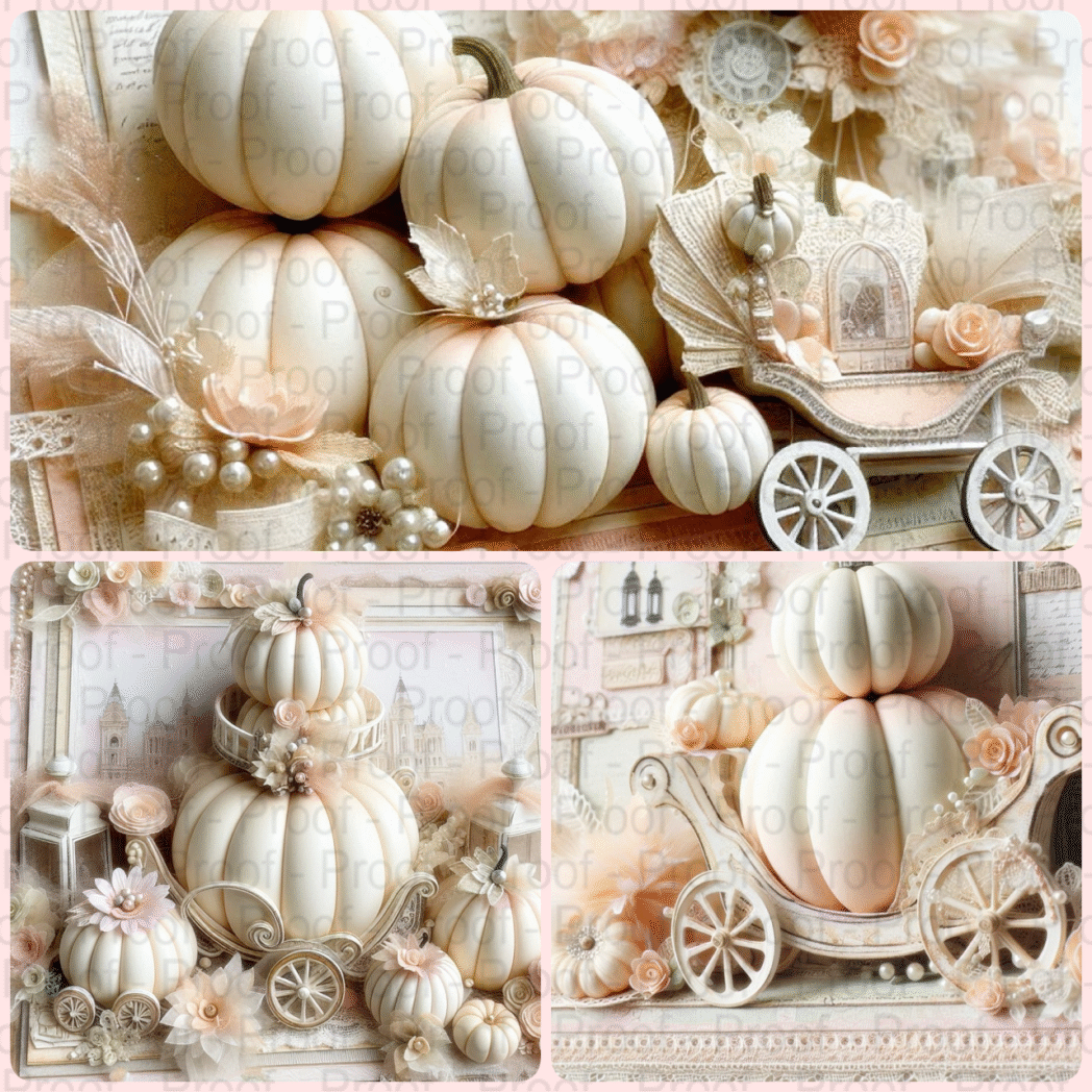 Pastel pumpkin shabby chic digital scrapbook paper, printable 12x12, 300 DPI, vintage floral and pumpkin patterns