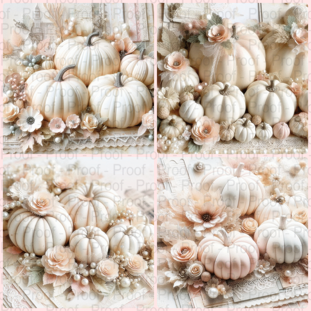 Pastel pumpkin shabby chic digital scrapbook paper, printable 12x12, 300 DPI, vintage floral and pumpkin patterns