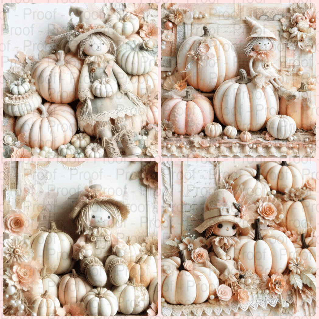 Pastel pumpkin shabby chic digital scrapbook paper, printable 12x12, 300 DPI, vintage floral and pumpkin patterns