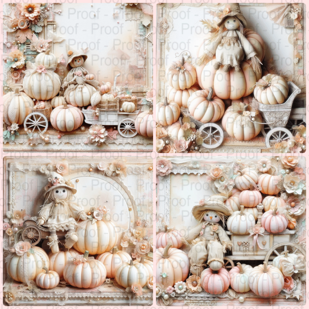 Pastel pumpkin shabby chic digital scrapbook paper, printable 12x12, 300 DPI, vintage floral and pumpkin patterns