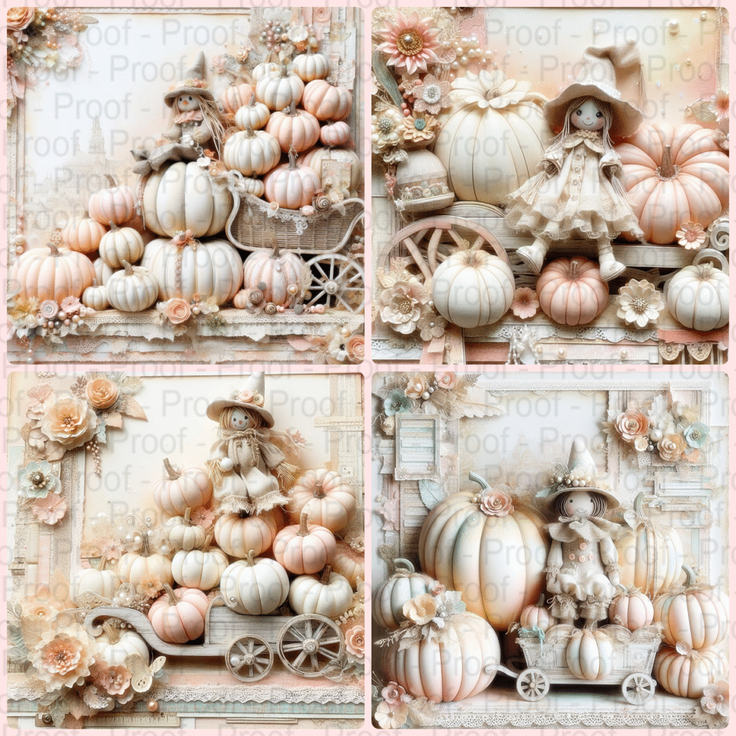 Pastel pumpkin shabby chic digital scrapbook paper, printable 12x12, 300 DPI, vintage floral and pumpkin patterns