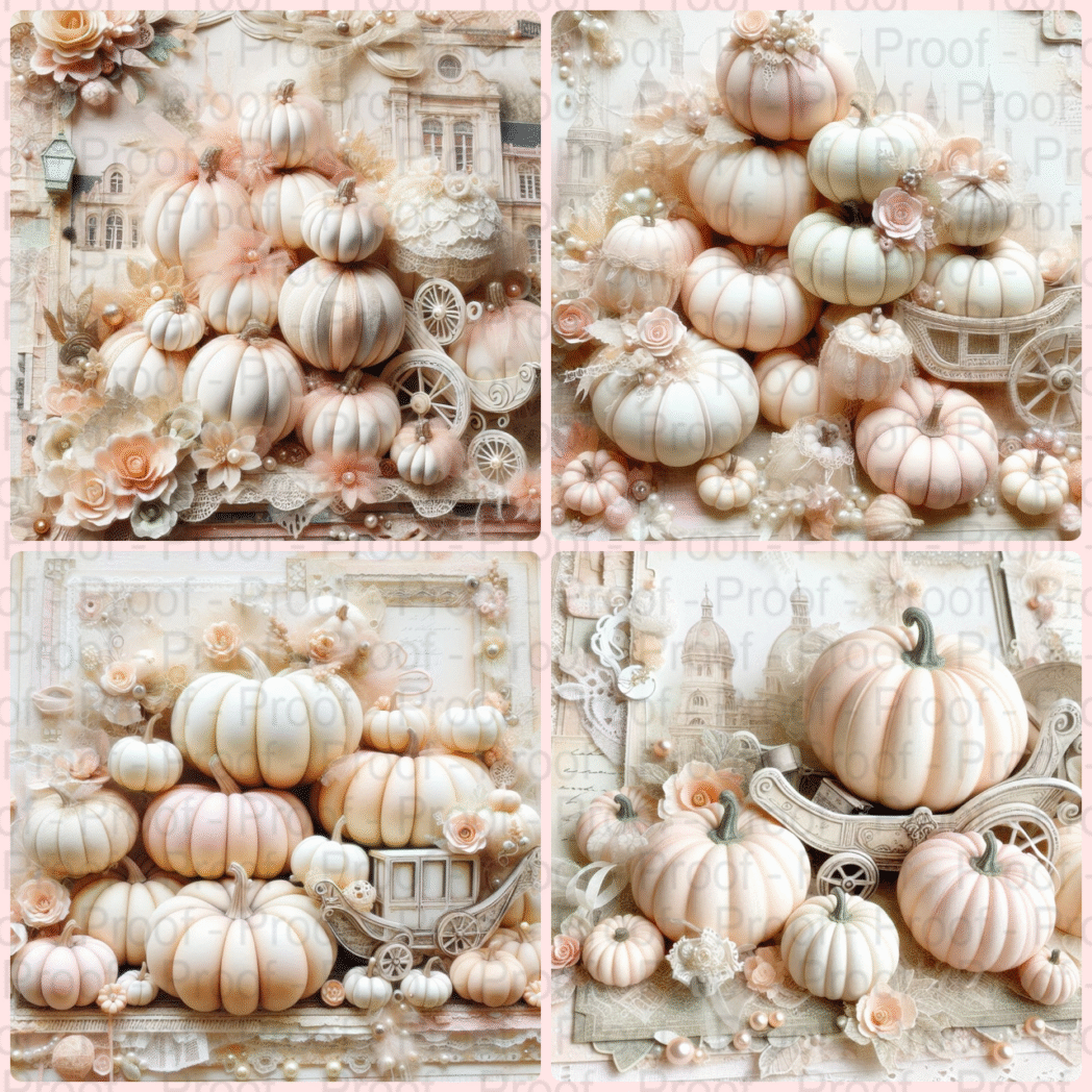 Pastel pumpkin shabby chic digital scrapbook paper, printable 12x12, 300 DPI, vintage floral and pumpkin patterns