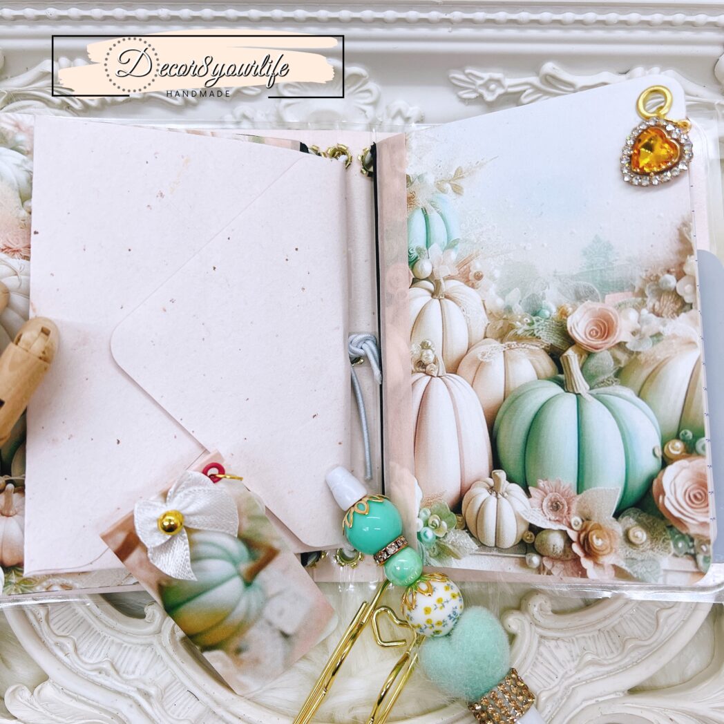 Exclusive handmade laminated traveler’s notebook with charms, beaded pen, pocket envelope, and altered mini notebooks.