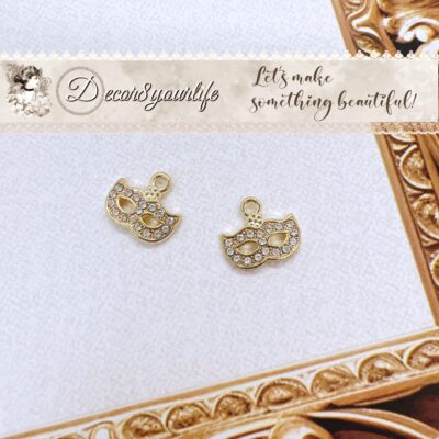Rhinestone mask charms set of 2. Jewelry making craft supplies. Gold tone setting.