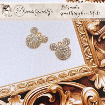 Mouse ear rhinestone charms set of 2 in gold-tone setting for earrings, scrapbooking, and crafts