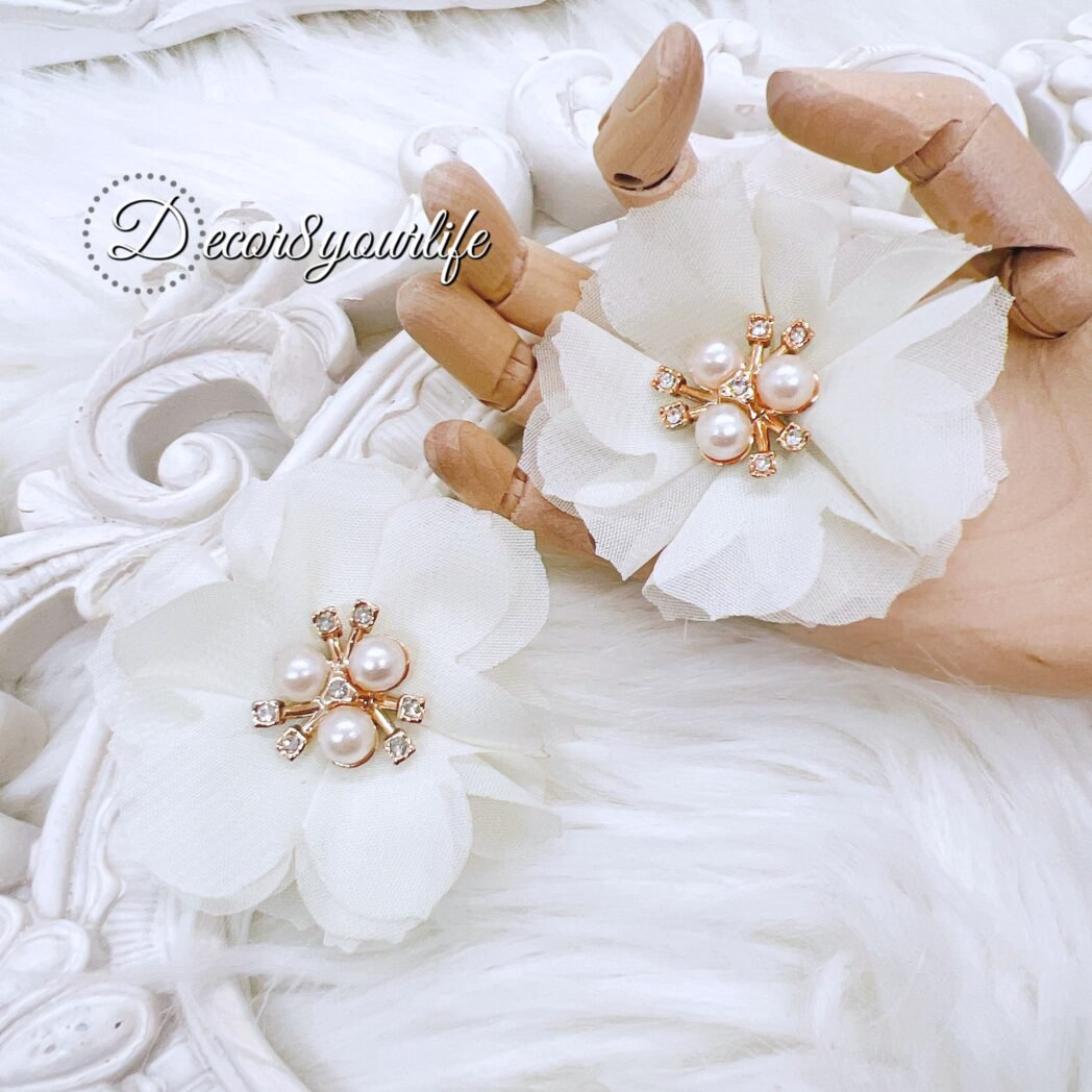 Set of 2 chiffon flower rosette embellishments with rhinestone flat back brooch center. These embellishments are the perfect addition to any DIY, handmade craft or home decor project.