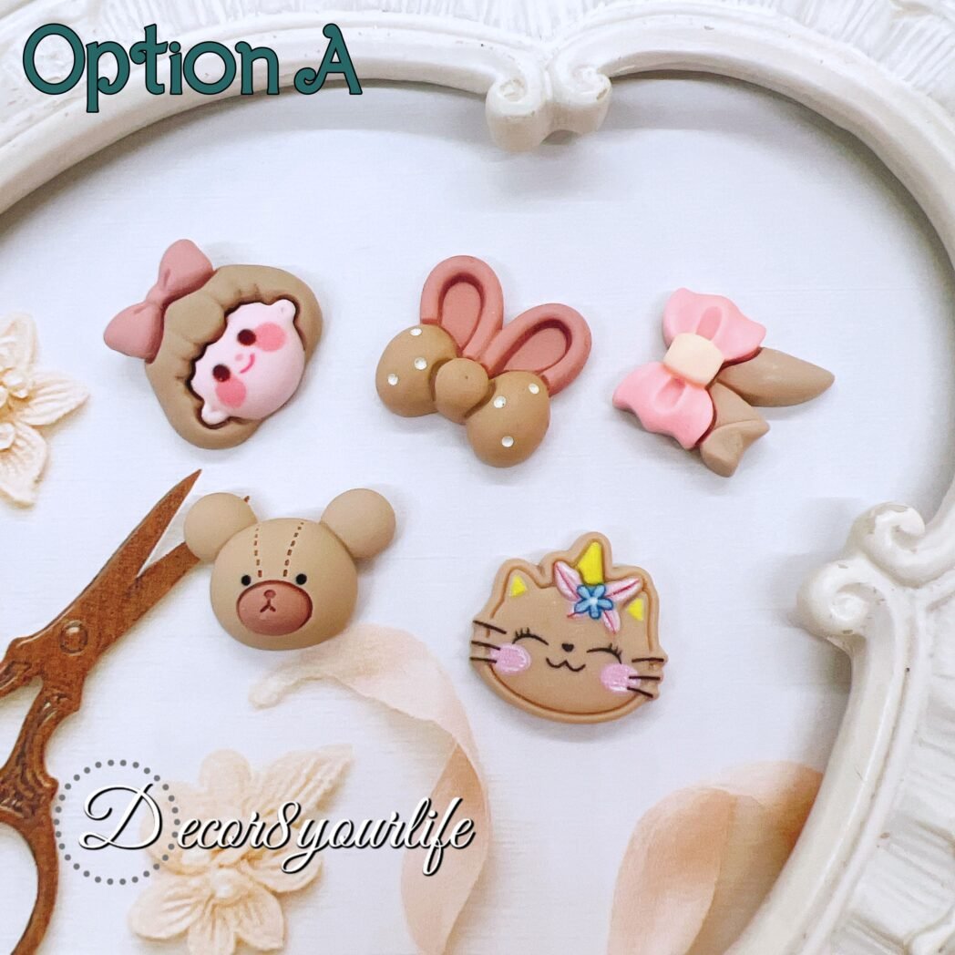 Set of 5 pastel brown kawaii flat-back cabochons for DIY crafts.